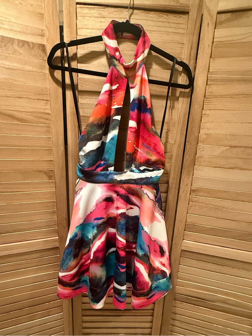 BEBE Y2K Scuba Watercolor Print Halter Dress